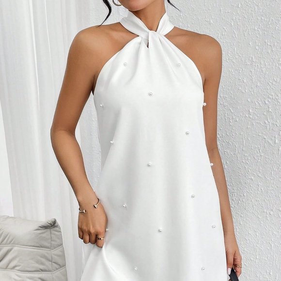 White Elegant Women's Pearl Decor Halterneck Dress - Picture 1 of 5